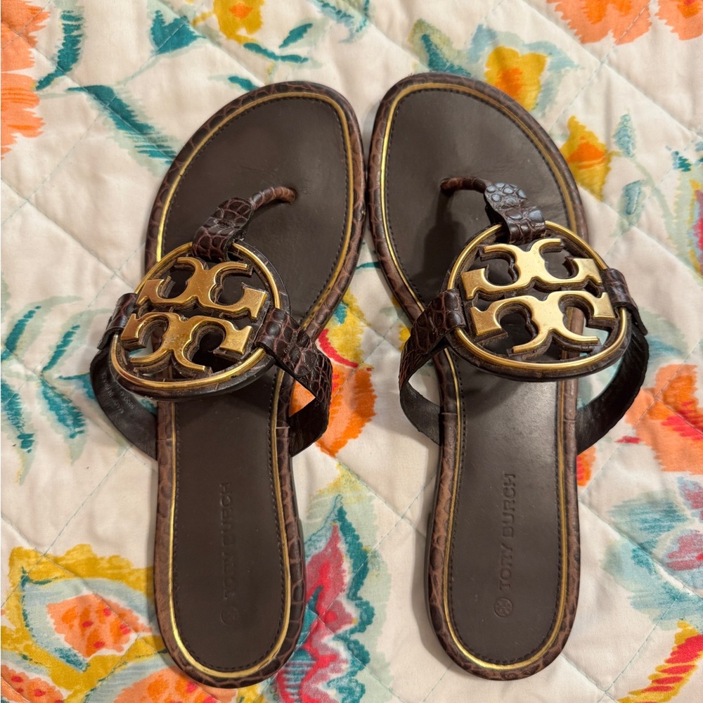 Tory Burch Dark Brown Sandals with Gold Emblem